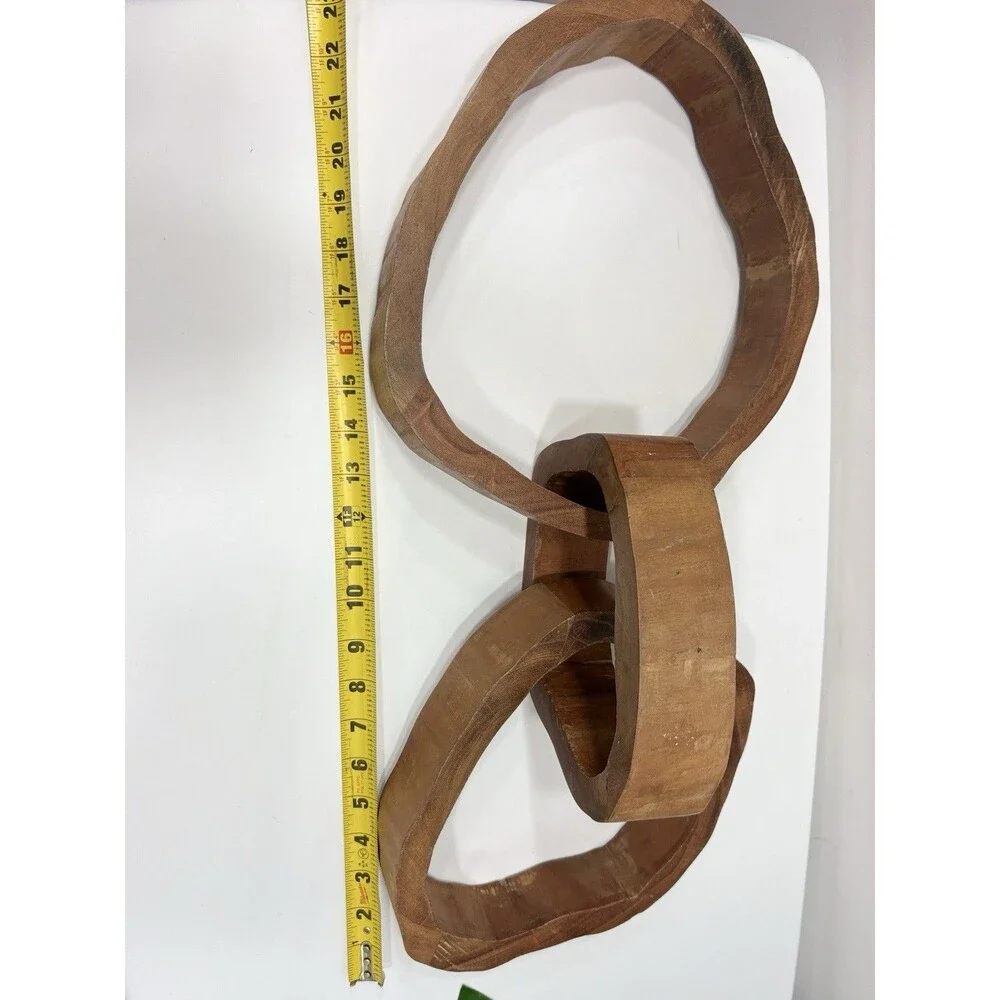 Large Hand Carved Wood Abstract Sculpture Interlocking Rings Organic Modern 22”